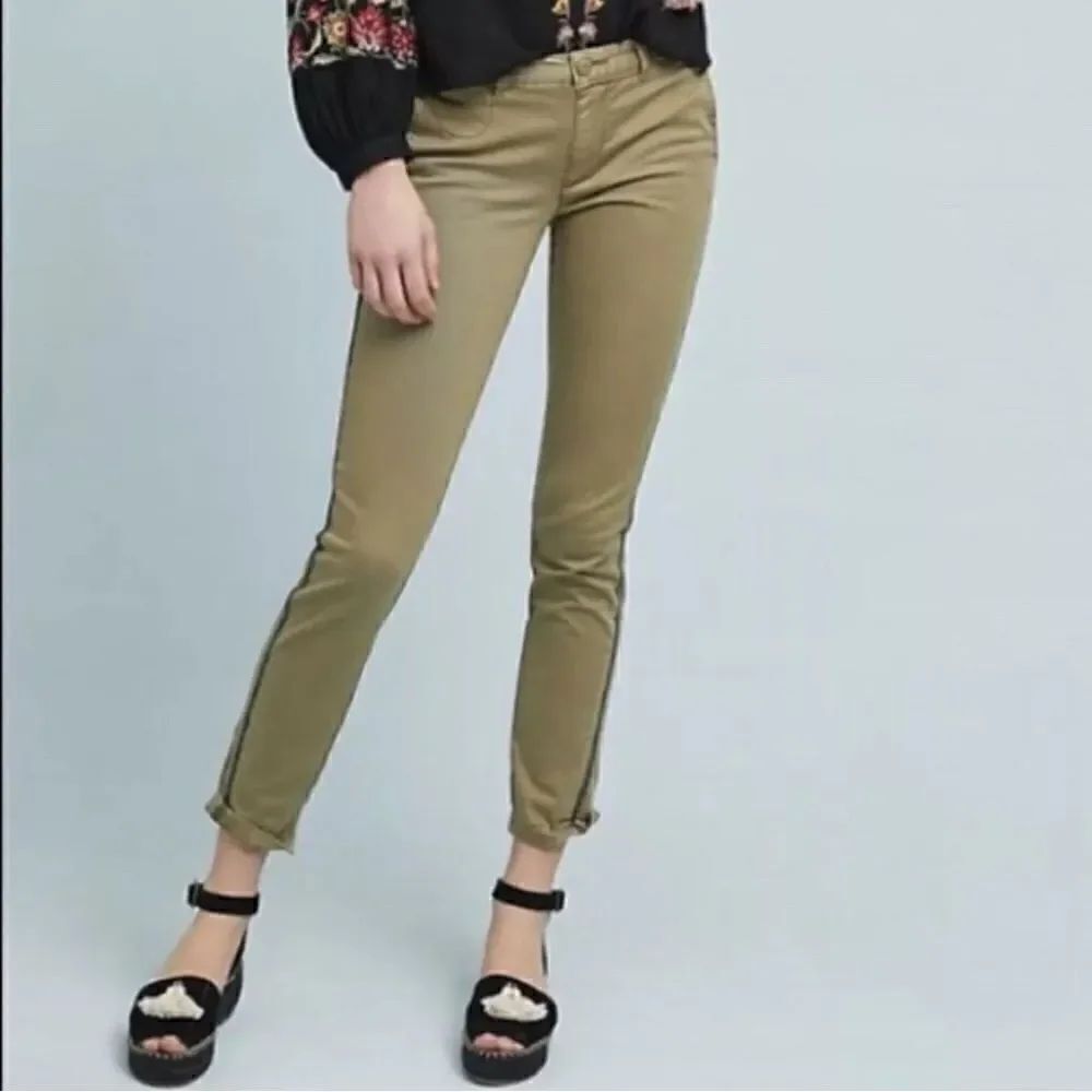 Anthropologie Chino Embroidered Side-Stripe Straight Leg Pant - Moss Green